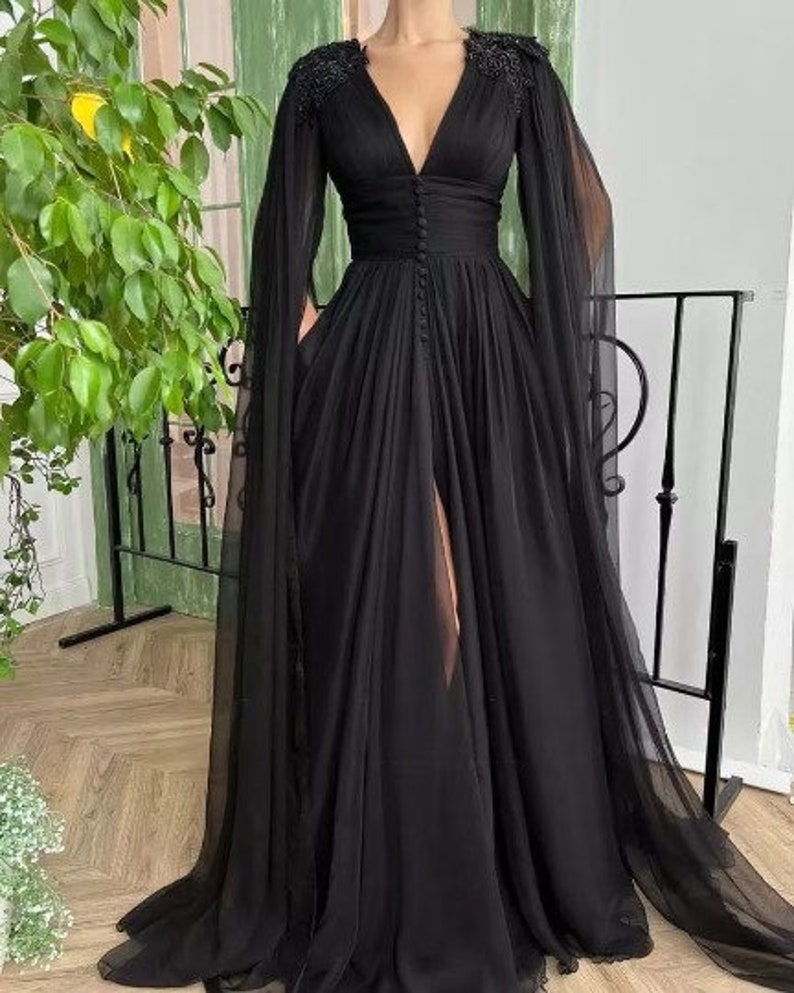 Black Chiffon Dress With High Slit Long Sleeves Evening Etsy