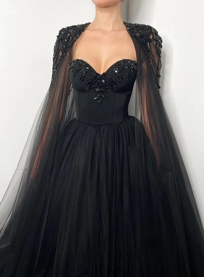 Black Bridal Dress With Beaded Cape Black Evening Dress - Etsy UK