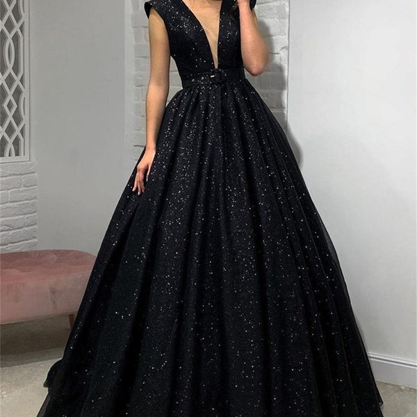 Backless Black Sparkly Bridal Dress , Tulle Prom Dress, Black Wedding Reception Dress, Gothic Ballgown, Homecoming Dress, Graduation Dress