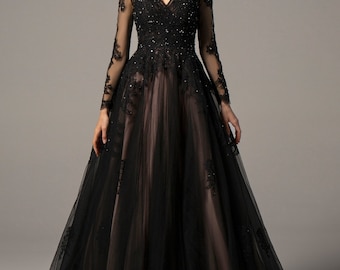 Black Wedding Dress With Embroidered Bodice and Sleeves, Black Tulle with Champagne Lining, Sexy Backless Dress, Black Corset Prom Dress