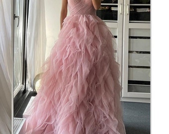 Pink Tulle Dress with Ruffles, Corset Prom Dress with Spaghetti Straps, Fit and Flare Dress, Homecoming Dress, Princess Bridal Shower Dress