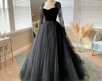 Black Bridal Dress with Velvet Top, Fluffy Tulle Skirt with Long Train, Long Fitted Sleeves, Elegant Wedding Gown, Sheer Sleeves, Halloween