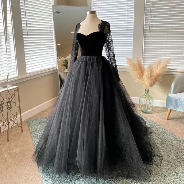 Black Bridal Dress with Velvet Top, Fluffy Tulle Skirt with Long Train, Long Fitted Sleeves, Elegant Wedding Gown, Sheer Sleeves, Halloween