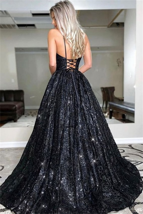 Sparkle Sequin Belt Sheer Waist Black Prom Dress Sparkle Sequin Belt Sheer Waist Black Prom Dress