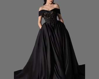 Black Satin Bridal Dress with Detachable Skirt, Off Shoulder Mermaid Dress, Champagne Sequin Embroidered Dress, Black Prom Dress, Homecoming