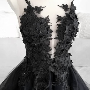 3D Floral Black Bridal Dress, Black Bridal Evening Dress, Tulle Prom Dress, Black Wedding Dress, Gothic Ballgown, Graduation Dress Plus Size image 5