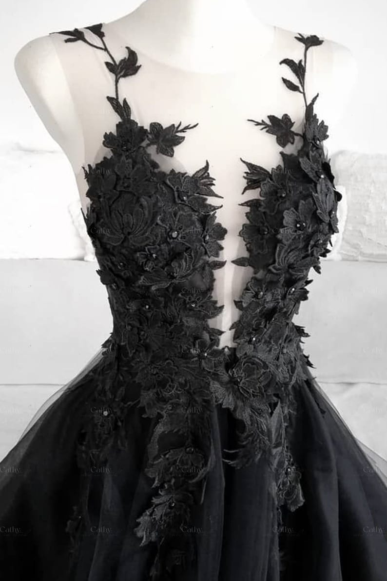 3D Floral Black Bridal Dress, Black Bridal Evening Dress, Tulle Prom Dress, Black Wedding Dress, Gothic Ballgown, Graduation Dress Plus Size image 5
