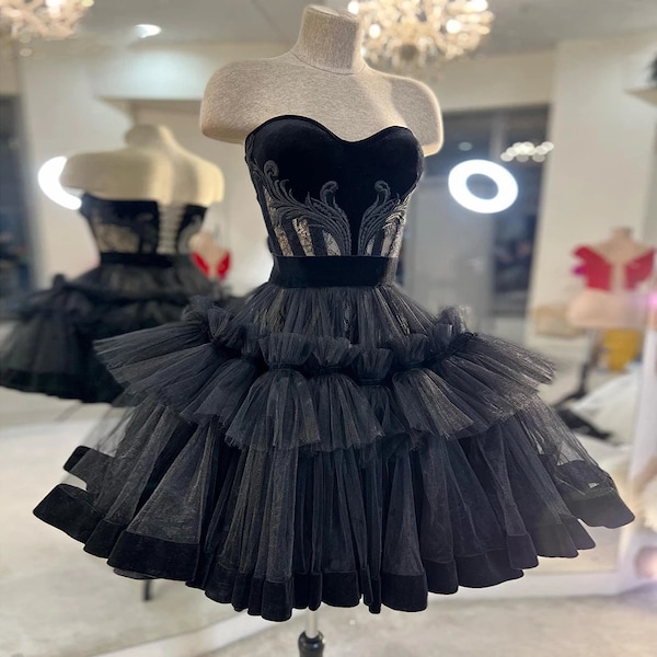 Black Short Dress, Puffy Tulle Skirt with Velvet Bodice,  After Party Dance Dress, Black Prom Dress, Strapless dress, Homecoming Dress