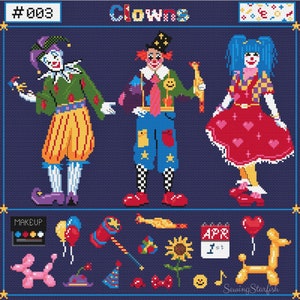 Clown Motifs #003 - Cross Stitch Pattern Keeper PDF Printable Digital Chart Clowncore Primary Colours Modern Sampler