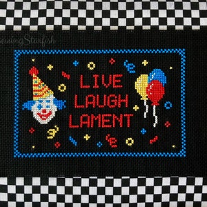 Live Laugh Lament - Clown Cross Stitch Pattern Keeper PDF Printable Digital Chart Clowncore Primary Colours Beginner