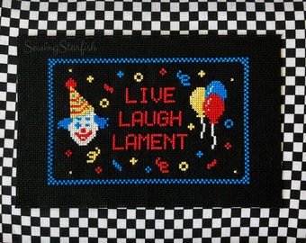 Live Laugh Lament - Clown Cross Stitch Pattern Keeper PDF Printable Digital Chart Clowncore Primary Colours Beginner