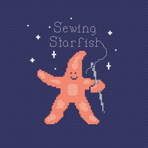 Pode incluir: Uma estrela do mar rosa com uma agulha e linha na m&atilde;o, sobre um fundo azul escuro com estrelas brancas. O texto "Sewing Starfish" est&aacute; acima da estrela do mar.