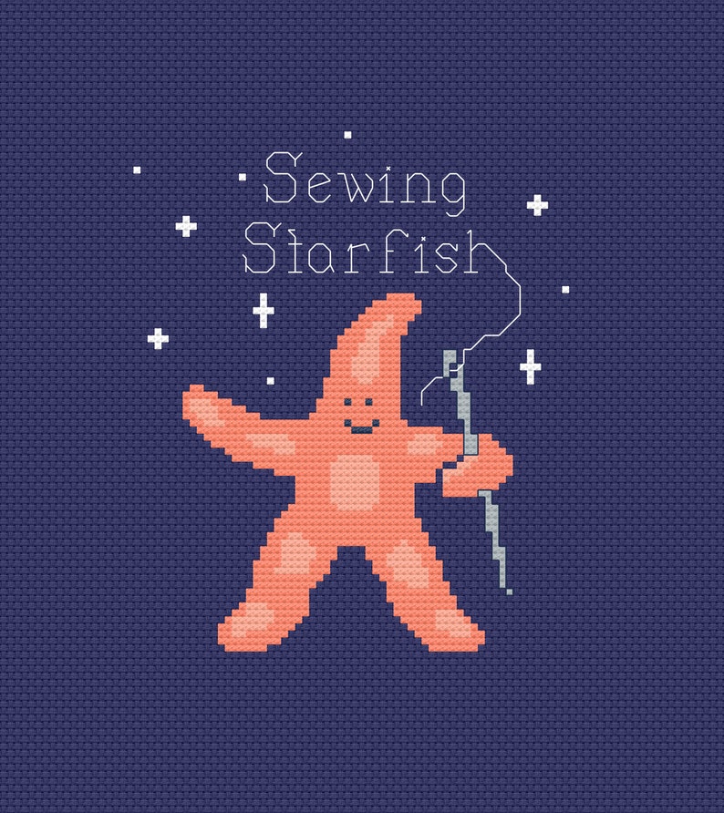 Pode incluir: Uma estrela do mar rosa com uma agulha e linha na m&atilde;o, sobre um fundo azul escuro com estrelas brancas. O texto "Sewing Starfish" est&aacute; acima da estrela do mar.