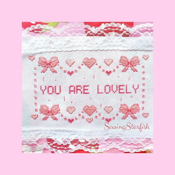 You Are Lovely - Pink Cross Stitch Pattern Keeper PDF Printable Digital Chart Beginner Cute Kawaii Bows Ribbons Love Hearts