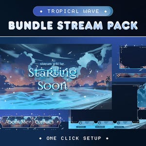 Puede incluir: Un paquete de superposición de transmisión de Twitch de temática tropical azul y morado con el texto "TROPICAL WAVE BUNDLE STREAM PACK" y "stream will be... Starting Soon". La superposición incluye una pantalla de inicio pronto, un cuadro de chat y un panel de redes sociales.