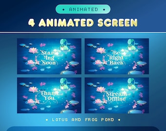 Animated Lotus and Frog Pond Stream Screens: Blue Nature Fantasy for Twitch & OBS/Streamlabs