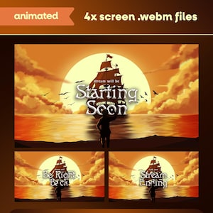 Op de afbeelding: Geanimeerde schermoverlays voor streaming, met een zonsondergangscène met een schip en de tekst "Starting Soon". Extra overlays zijn onder meer "Be Right Back" en "Stream Ending". De bovenste banner luidt "animated" en "4x screen .webm files".