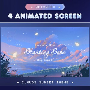 Pode incluir: Sobreposição de tela animada com um céu de pôr do sol, nuvens e o texto "stream will be Starting Soon stay tuned!" em branco. A sobreposição é projetada para ser usada em uma transmissão ao vivo.