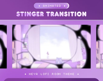 Stinger Transition Heya Lofi Room for Twitch, Kick, Youtube/Purple Transition/Cute Twitch/Cat Overlaay Set/Clouds and Plant/Alert/Cozy/Kawai