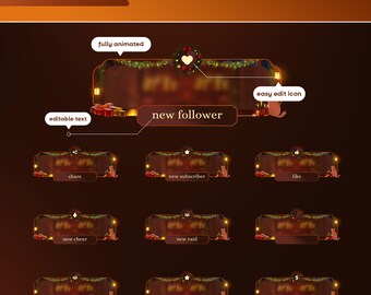May include: Animated stream alerts with a festive theme. The image features 12 alerts, including "new follower," "share," and "new subscriber." Each alert has a decorative border with a Christmas theme, and the text is editable.