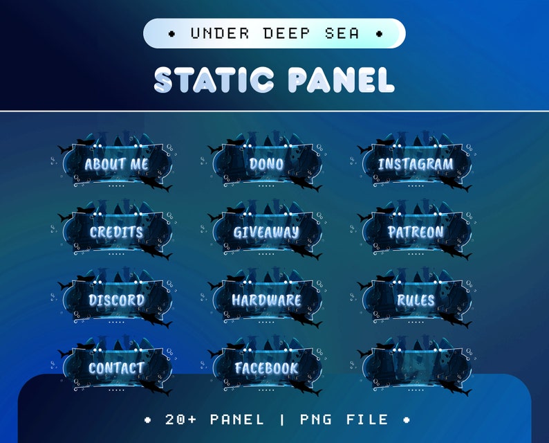 K&ouml;nnte beinhalten: Ein Satz von 12 blauen und wei&szlig;en Twitch-Panels mit einem Tiefsee-Thema. Die Panels zeigen verschiedene Texte wie "&Uuml;ber mich", "Dono", "Instagram", "Credits", "Giveaway", "Patreon", "Discord", "Hardware", "Regeln", "Kontakt", "Facebook" und "20+ Panel | PNG-Datei".