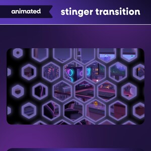 May include: Animated stinger transition graphic. The image shows a gaming setup viewed through a hexagonal grid. The words "animated" and "stinger transition" are in white. The scene includes a desk with monitors and neon lighting.