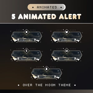 Over The Moon Animated Alerts Pack for Twitch, Kick, YouTube/Celestial Mountain/Night Clouds/Aesthetic Theme/Kawaii Bundle/Stars