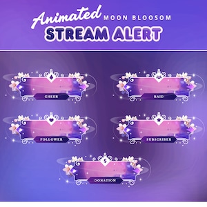 Animated Alert Moon Blosom for Twitch, Kick, Youtube/Flower, Star Element/Vtuber Overlay/Purple and Pink Color/Kawaii Overlay/Cozy/Vtuber