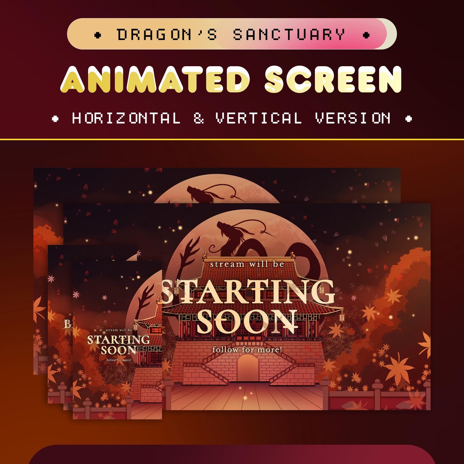 Dragon's Sanctuary Animated Stream Screen Package for Twitch/Chinese New Year Dragon Overlay/Vertical Screen for TikTok/Red Moon Background