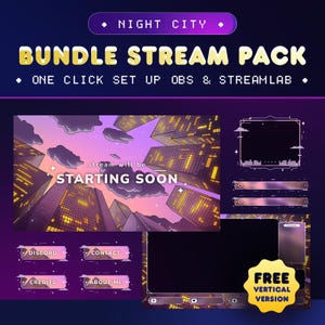 Pacote de sobreposição de transmissão animada Night City para Twitch/luzes da cidade e fundo animado de céu estrelado/transmissão vertical para TikTok/vista da cidade