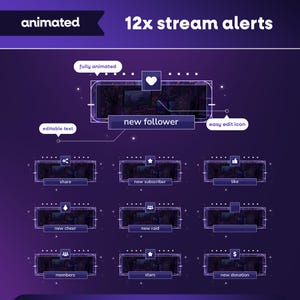 May include: A digital graphic with a purple gradient background, featuring 12 animated stream alerts. Each alert has a dark blue frame with icons and text such as "new follower," "share," and "like." The top text reads "12x stream alerts."