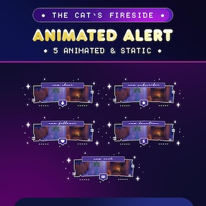 Puede incluir: Cinco alertas animadas de Twitch con un tema de chimenea y gato. Las alertas son para nuevo cheer, nuevo suscriptor, nuevo seguidor, nueva donación y nueva incursión.