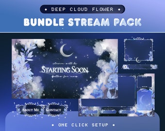 Animated Aesthetic Stream Pack for Twitch, Kick, Youtube/Deep Cloud Flower Theme/Overlay Set/Moon/Alert/Dark Blue Calm Color/Cozy/Vtuber