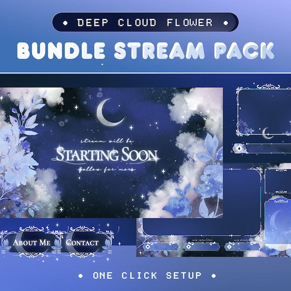 Pack de diffusion esthétique animé pour Twitch, Kick, Youtube/Thème de fleurs de nuages profonds/Ensemble de superpositions/Lune/Alerte/Bleu foncé Couleur calme/Confortable/Vtuber