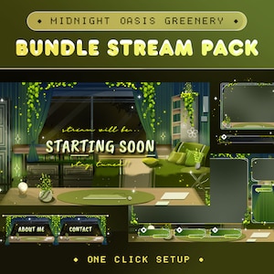 Midnight Oasis Greenery Animated Stream Pack for Twitch, Kick, Youtube/Cozy Theme/Lo fi Room/Green Leaves Aesthetic Set Up/Cute Panel/Vtuber