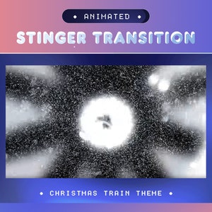 May include: Animated stinger transition with a Christmas train theme. The transition features a white circle with a black and white snowflake pattern, surrounded by a black and white background with a grainy texture.