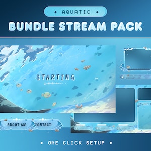 Aquatic Animated Stream Pack for Twitch, Kick, Youtube/Sea Ocean Animated Background/Fish, Crab Sunshine Overlay Set/Blue and White Stream