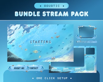 Aquatic Animated Stream Pack for Twitch, Kick, Youtube/Sea Ocean Theme/Alert/Panel/Transition/Fish, Crab Sunshine Overlay Set/Blue and White