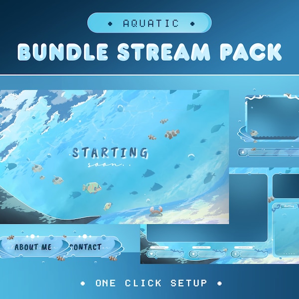 Aquatic Animated Stream Pack for Twitch, Kick, Youtube/Sea Ocean Theme/Alert/Panel/Transition/Fish, Crab Sunshine Overlay Set/Blue and White