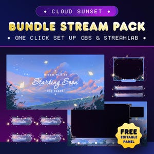 May include: A purple and blue streaming overlay pack with a cloud sunset background. The overlay includes a starting soon screen, a webcam frame, chat boxes, and panels for credits, about me, contact, and discord. The text "FREE EDITABLE PANEL" is in a white circle with a purple border.