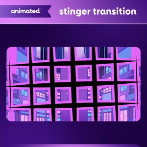 Könnte beinhalten: Animierte Stinger-Übergangs-Grafik mit einem Raster aus lila Quadraten, die jeweils eine stilisierte Gebäudeszene zeigen. Die Wörter "animated" und "stinger transition" werden in weißem Text auf lila Hintergrund angezeigt.