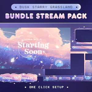 Pacote de sobreposição de fluxo animado Dusk Starry Grasssland para Twitch, Kick, YouTube/Campo nublado/Céu rosa/Pacote sonhador fofo/Flor estética