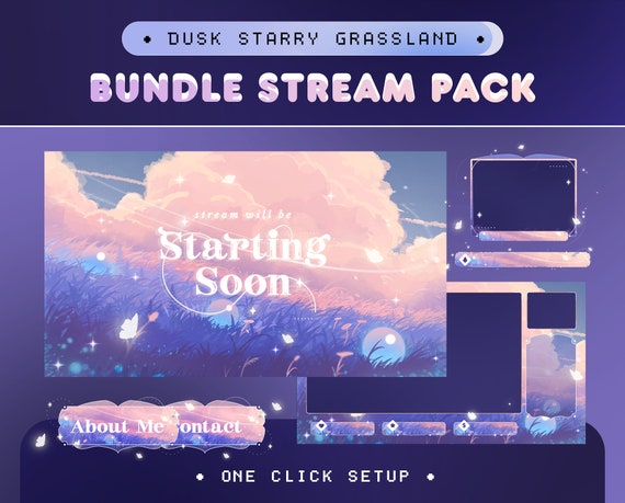 Dusk Starry Grasssland Animated Stream Overlay Pack for Twitch, Kick, YouTube | Cloudy Field  | Pink Sky | Cute Dreamy | Aesthetic | Flower