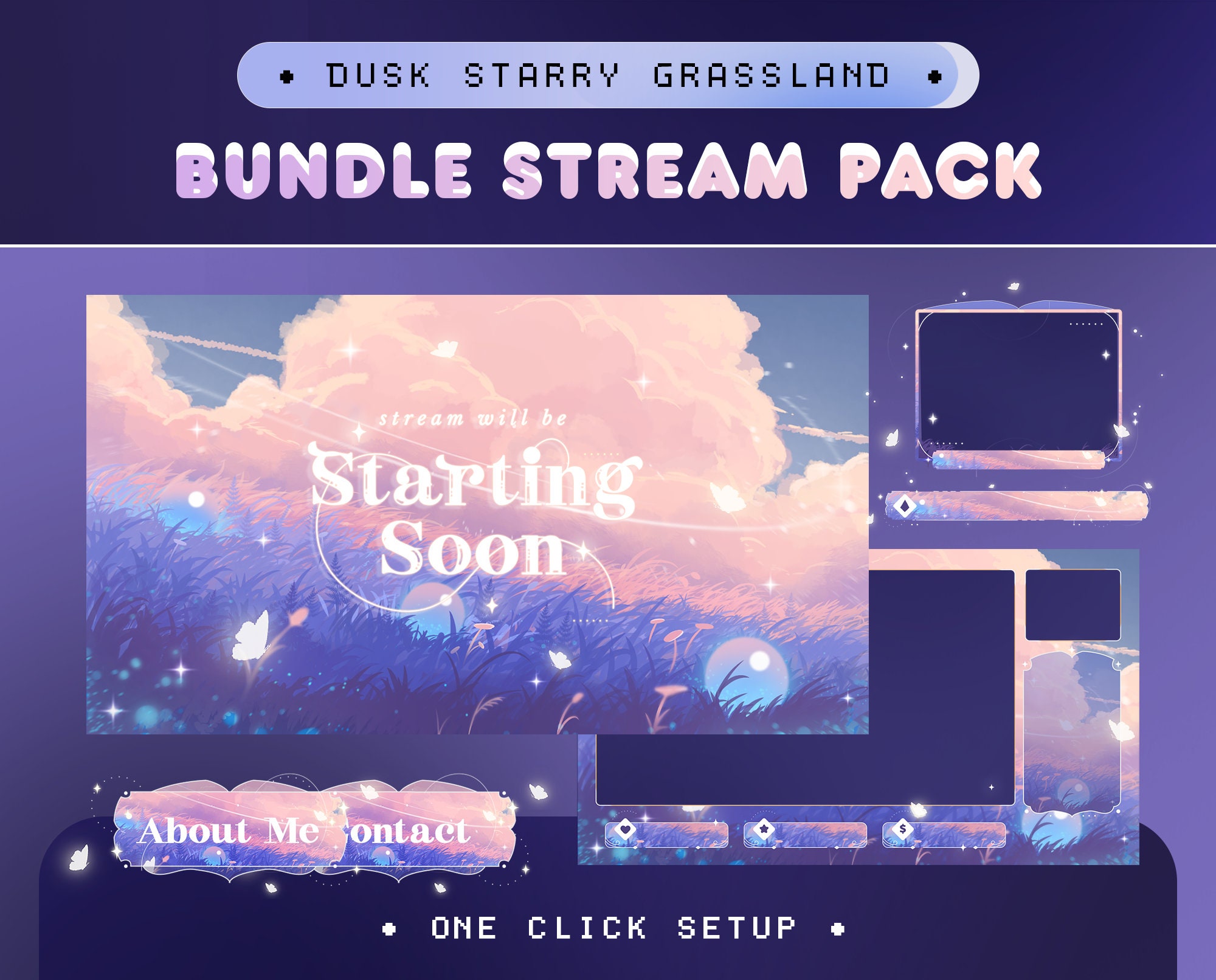 Dusk Starry Grasssland Animated  Stream Overlay Package for Twitch, Kick, YouTube/Cloudy Field/Pink Sky/Cute Dreamy Bundle/Aesthetic Flower