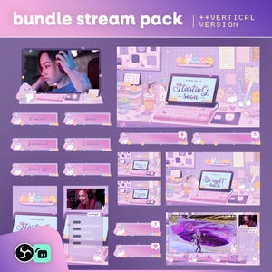 May include: A digital art bundle stream pack in shades of purple and pink, featuring various overlay elements. Includes screens with text like "Starting Soon" and "Be Right Back", along with social media buttons and animated characters. The text "bundle stream pack" is at the top.