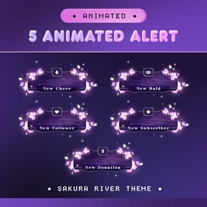Animated Alert Sakura River for Twitch, Kick, Youtube/Aesthetic Theme/Overlay Set/Japan/Panels/Glow Dark Calm Color/Cozy/Vtuber Overlay