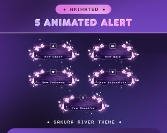 Animated Alert Sakura River for Twitch, Kick, Youtube/Aesthetic Theme/Overlay Set/Japan/Panels/Glow Dark Calm Color/Cozy/Vtuber Overlay