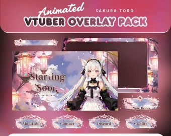 May include: Animated VTuber overlay pack with a pink and white color scheme. The overlay includes a starting soon screen, a new dono alert, and buttons for about me, contact, discord, and credits. The overlay features a character with white hair and a black and white dress.