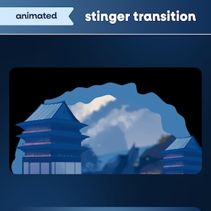 May include: Animated stinger transition graphic with a blue and black color scheme. The image features two stylized blue buildings with a mountain and cloud backdrop. The text "animated" and "stinger transition" are at the top.