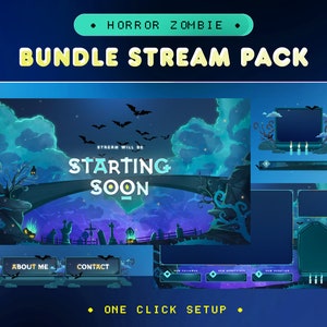 Horor Zombie Animated Stream Pack for Twitch, Kick, Youtube/Gothic Theme/Bats, Graves Overlay Set/Alert/Panels/Night Blue Purple/Cozy/Vtuber